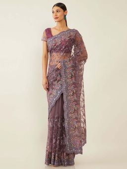 Soch - Purple Net Embroidered Saree with Unstitched Blouse