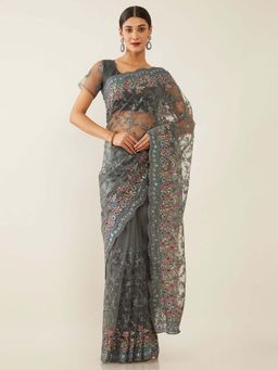 Soch - Grey Net Embroidered Saree with Unstitched Blouse