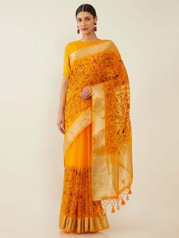 Soch - Mustard Organza Embroidered Saree with Unstitched Blouse