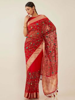 Soch - Red Organza Embroidered Saree with Unstitched Blouse