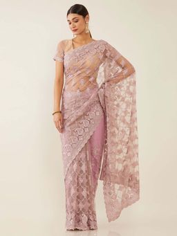 Soch - Pink Net Embroidered Saree with Unstitched Blouse