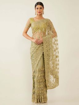 Soch - Beige Net Embroidered Saree with Unstitched Blouse