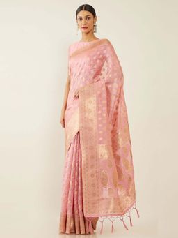 Soch - Pink Organza Woven Design Saree with Unstitched Blouse
