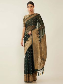 Soch - Green Organza Woven Design Saree with Unstitched Blouse