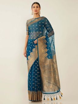 Soch - Blue Organza Woven Design Saree with Unstitched Blouse