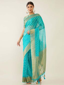 Soch - Blue Organza Banarasi Woven Design Saree with Unstitched Blouse