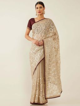 Soch - Grey Organza Embroidered Saree with Unstitched Blouse