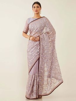 Soch - Purple Organza Embroidered Saree with Unstitched Blouse