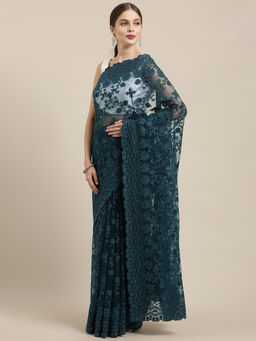 Soch - Blue Net Embroidered Saree with Unstitched Blouse