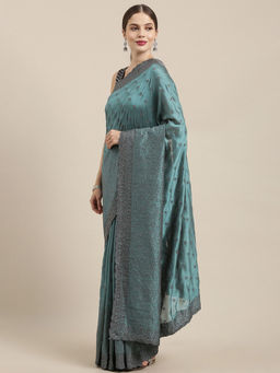 Soch - Blue Art Silk Embroidered Saree with Unstitched Blouse