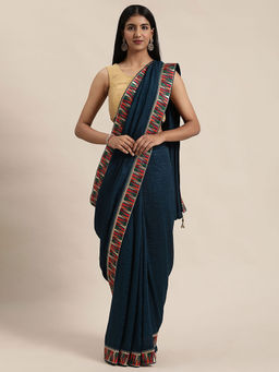 Soch - Blue Silk Blend Solid Saree With Unstitched Blouse