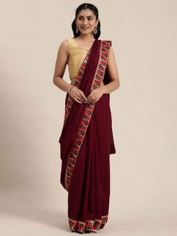 Soch - Wine Silk Blend Solid Saree With Unstitched Blouse