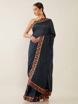Soch - Solid Teal Saree with Unstitched Blouse
