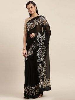 Soch - Black Embroidered Saree with Unstitched Blouse Piece