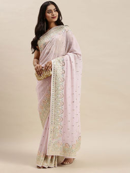 Soch - Pink Embroidered Sarees with Unstitched Blouse