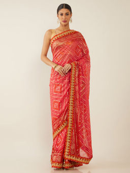 Soch - Printed Pink Saree with Unstitched Blouse