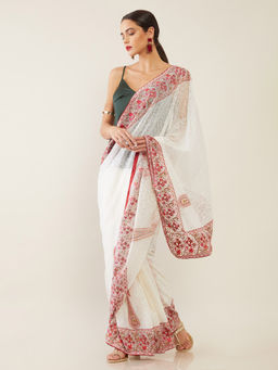 Soch - Embroidered Cream Saree with Unstitched Blouse
