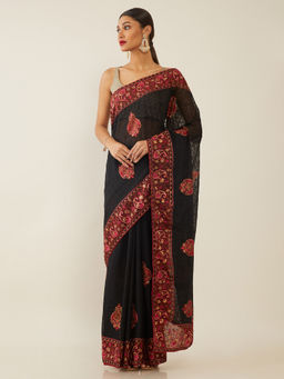 Soch - Embroidered Black Saree with Unstitched Blouse