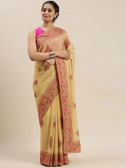 Soch - Beige Embroidered Sarees with Unstitched Blouse