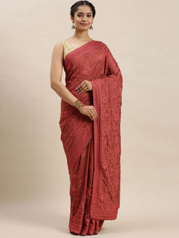 Soch - Maroon Embroidered Sarees with Unstitched Blouse