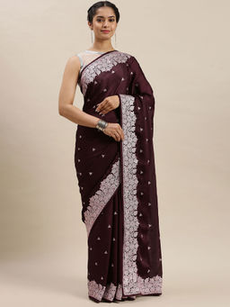 Soch - Purple Embroidered Sarees with Unstitched Blouse