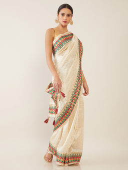 Soch - Embroidered Cream Saree with Unstitched Blouse