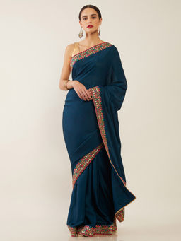Soch - Embellished Teal Saree with Unstitched Blouse