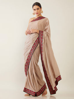 Soch - Embroidered Brown Saree with Unstitched Blouse