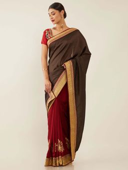 Soch - Brown Art Silk Tussar Solid Saree with Unstitched Blouse