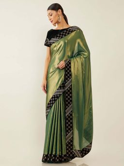 Soch - Green Poly Georgette Solid Saree with Unstitched Blouse