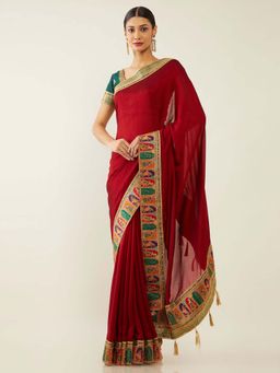 Soch - Maroon Art Silk Solid Saree with Unstitched Blouse