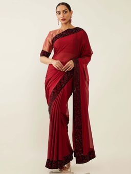 Soch - Maroon Silk Blend Solid Saree with Unstitched Blouse