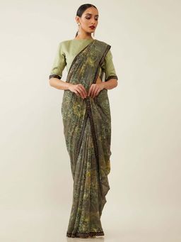 Soch - Green Poly Georgette Embroidered Saree with Unstitched Blouse