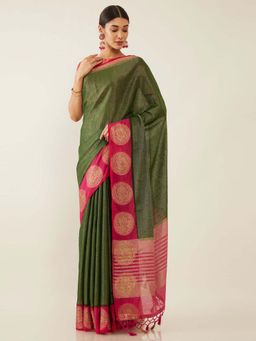Soch - Green Art Silk Tussar Solid Saree with Unstitched Blouse