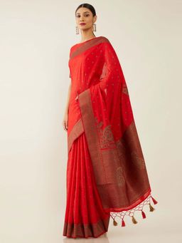 Soch - Red Art Silk Tussar Woven Design Saree with Unstitched Blouse
