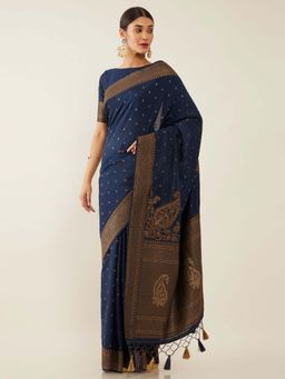 Soch - Navy Blue Art Silk Tussar Woven Design Saree with Unstitched Blouse