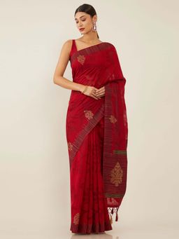 Soch - Maroon Art Silk Tussar Woven Design Saree with Unstitched Blouse