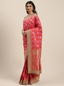Soch - Red Silk Blend Woven Design Saree with Unstitched Blouse