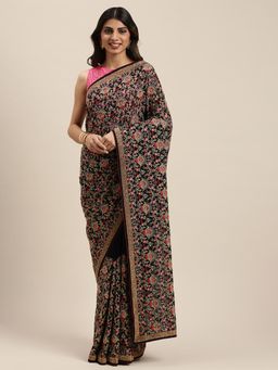 Soch - Navy Blue Pure Georgette Embroidered Saree with Unstitched Blouse