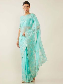 Soch - Blue Organza Embroidered Saree with Unstitched Blouse