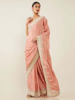 Soch - Pink Poly Chiffon Embroidered Saree with Unstitched Blouse