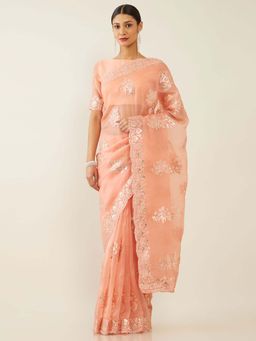 Soch - Coral Organza Embroidered Saree with Unstitched Blouse