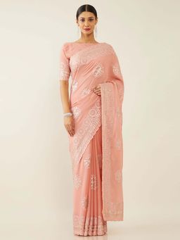 Soch - Peach Poly Chiffon Embroidered Saree with Unstitched Blouse