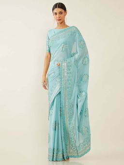 Soch - Blue Poly Chiffon Embroidered Saree with Unstitched Blouse