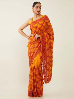 Soch - Mustard Poly Georgette Embroidered Saree with Unstitched Blouse