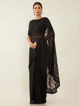 Soch - Black Poly Chiffon Embroidered Saree with Unstitched Blouse