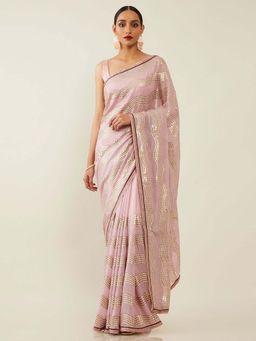 Soch - Pink Poly Georgette Embroidered Saree with Unstitched Blouse