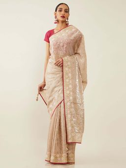 Soch - Brown Organza Embroidered Saree with Unstitched Blouse