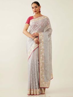 Soch - Grey Organza Embroidered Saree with Unstitched Blouse