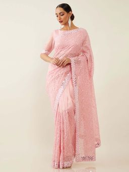 Soch - Pink Organza Embroidered Saree with Unstitched Blouse
